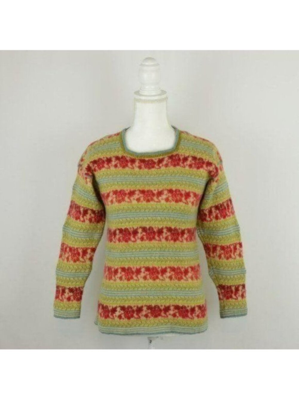 Oleana Women's Medium Red Green Floral 100% Wool Square Neck Sweater